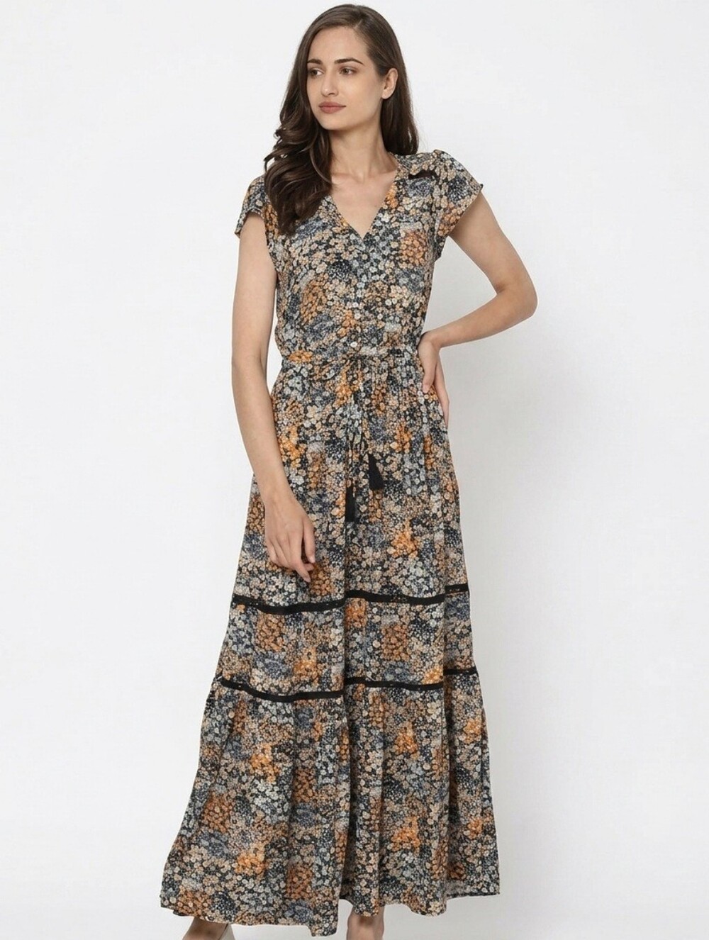 AMERICAN EAGLE Ditsy Floral Lace Tiered Peasant Maxi Dress Boho Fall Size XL